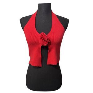 Red Retro Y2K Fairy Coquette Dollette Ribbed Knit V-Neck Rosette Halter Top L